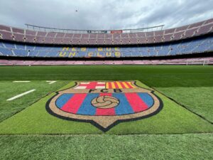View of the pitch and stands at Camp Nou Stadium, home of FC Barcelona, in Spain.