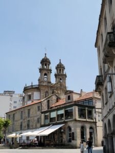 Panoramic view of the Baroque-style church in Pontevedra on a sunny day.